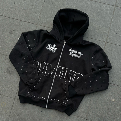 Custom Rhinestone Zip Up Hoodie 450 gsm tebal berat berat Screen Printing Logo Zipper Hoodies Pria