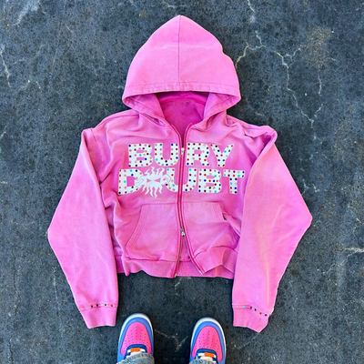 Custom Vintage Washed Fleece Perancis Terry Heavyweight Kristal tebal Rhinestone Double Zip Up Hoodie Pria