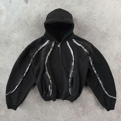 Streetwear Hoodie Custom Vintage Fringed Strip 100% Katun Distressed Zipper Heavyweight Boxy Fit Hoodies potong