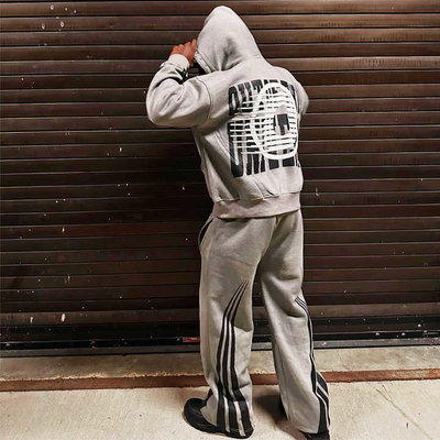 Custom Screen Print Rhinestone Tracksuits Zipper Acid Wash Sweatsuit Vintage Hoodie Track Sweatpants dan Hoodie Set untuk Pria