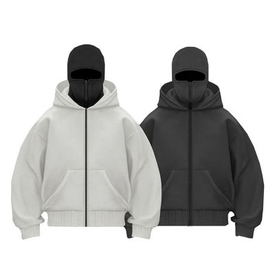 Produsen Batang Heavy Patchwork Double Hood Full Zip Up Balaclava Hoodies Custom Ninja Masked Men Hoodie