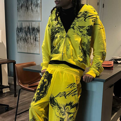 Custom Pria Sweatsuit Tracksuit Di Seluruh Graffiti Cetak Vintage Acid Wash Zip Up Hoodies dan Sweat Pants Set untuk Dewasa