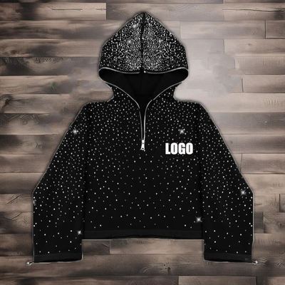 Streetwear kustom 380 500gsm pria terry Prancis bulu seluruh cetakan rhinestone kotak dipotong wajah penuh setengah zip up hoodie pria