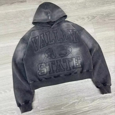 Produsen Pakaian Oem Pullover kapas Matahari memudar Streetwear berukuran besar Vintage Acid Wash Miskin Hoodies bordir