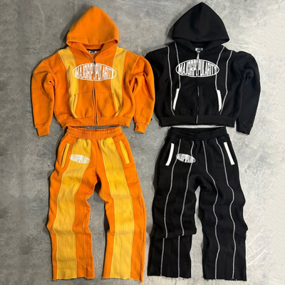 Custom Color Blocked Sweat Suits Patchwork Hoodie dan Sweatpants Set Heavyweight Baggy Tracksuits untuk Pria Wanita
