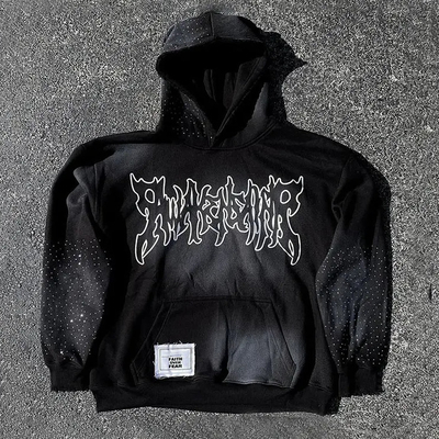 Custom Logo Heavyweight Cotton Hoodies Patchwork Distressed Embroidery Streetwear Oversized Boxy Pullover Hoodie untuk Pria