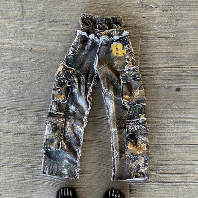 Custom Double Waist Heavyweight Cotton Vintage Acid Wash Sweat Pants Distressed Rhinestone Wide Leg Sweatpants untuk Pria