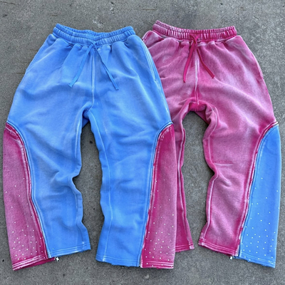 Custom Double Waist Heavyweight Cotton Vintage Acid Wash Sweat Pants Distressed Rhinestone Wide Leg Sweatpants untuk Pria