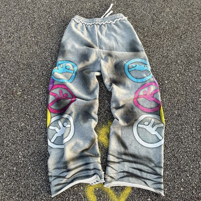 Custom High Quality Heavyweight Cotton Vintage Acid Wash Distressed Ripped Baggy Straight Leg Sweatpants untuk Pria