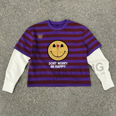 Custom Manufacturer DTG Printing Cotton Knitted Boxy T-Shirt Rugby Strip Double Layer Waffle Long Sleeve T-Shirt untuk Pria
