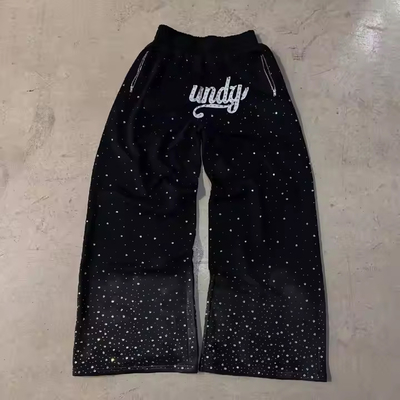 Custom Streetwear Celana Jogger Pria Berat Cotton Sweat Pants Rhinestone Baggy Wide Leg Sweat Pants