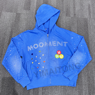 Custom Sunwashed Lenyap Men Miskin Cotton Terry Heavyweight 420 Gsm Zip Up Rivet Dipotong Rhinestone Hoodie