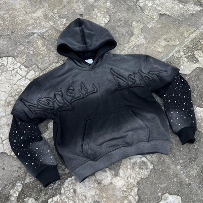Custom Sunwashed Lenyap Men Miskin Cotton Terry Heavyweight 420 Gsm Zip Up Rivet Dipotong Rhinestone Hoodie