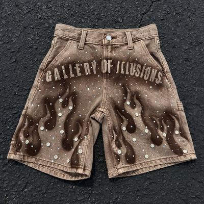 Custom 2025 Summer Rhinestone Jeans Shorts Streetwear Brown Cuci Denim Celana pendek Vintage Baggy Jorts