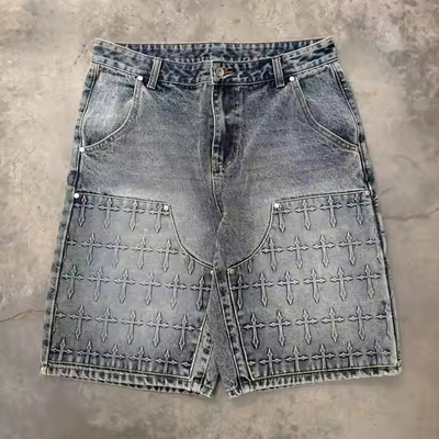 Custom Spray Men Washed Streetwear 3D Embossing Jorts Baggy Pria JHalf Short Jeans Carpenter Denim Jean Shorts
