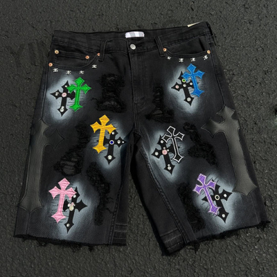 Custom High Quality Jorts Streetwear Rhinestones Jeans Pendek Gangguan bordir Patchwork Denim Jorts Pendek untuk Pria