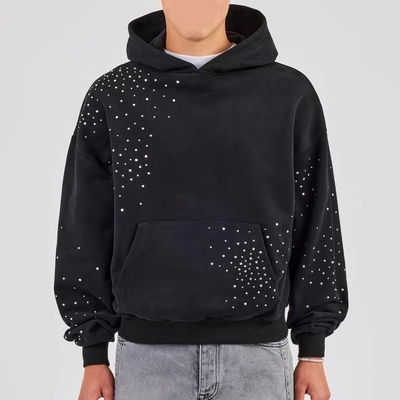 Hoodie Pullover Kustom Pria Streetwear Bordir Logo Vintage Acid Wash Oversized Drop Shoulder Rhinestone