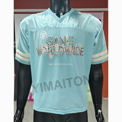 Custom Streetwear Mens Boxy Cut Rivet Rhinestone Satin Mesh T-shirt Amerika Retro Bernafas Sports Football Jersey