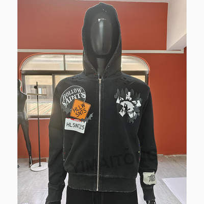 Hoodie Ritsleting Patchwork Bordir Kustom Katun Berat Pakaian Jalanan Vintage Acid Wash Zip Up Hoodie Pria