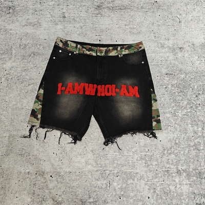 Logo Bordir Handuk Kustom Tambalan Celana Pendek Camo Baggy Streetwear Denim Jean Vintage Raw Hem Berkualitas Tinggi untuk Pria