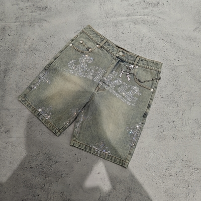 Celana Pendek Denim Streetwear Berat Ukuran Besar dengan Kristal Bling Cuci Batu Kustom 100% Denim Katun Pria Vintage Jorts