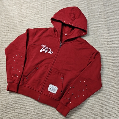 Hoodie Merah Cuci Kustom Bordir Distressed Katun French Terry Mutiara Batu Permata Oversized Boxy Zip Up untuk Pria
