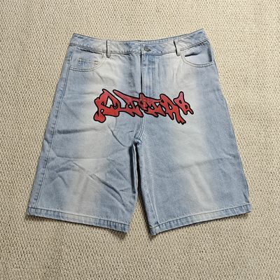 Custom Flared Knee Jeans Shorts Y2k Streetwear bordir dicetak Vintage Double Waist Baggy Vintage Denim Jorts Pria