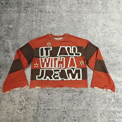 Kaos Lengan Panjang Bergaris Crop dengan Hem Mentah Acid Washed Bordir Distressed Katun 280-300 Gsm untuk Pria dengan Logo Kustom