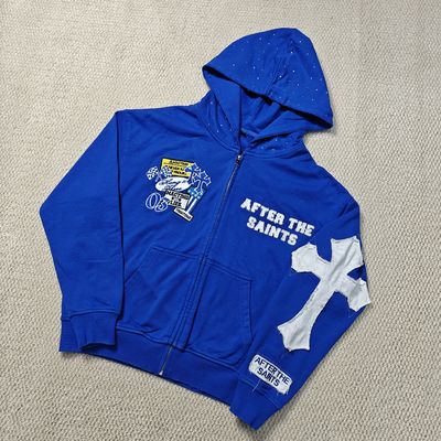 Hoodie Zip Up Pria Streetwear Kustom Berat 420 gsm Bordir Distressed Cotton French Terry Rhinestone